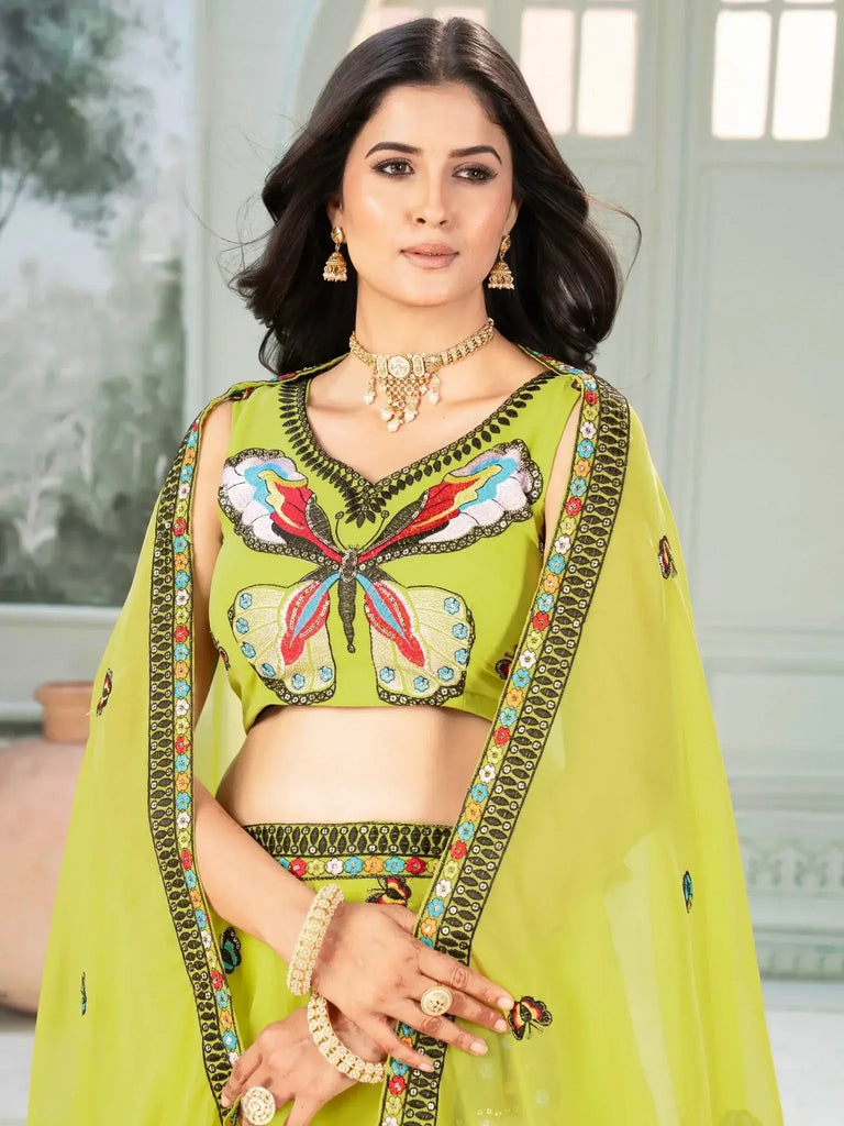 Charming Lime Green Georgette Embroidered Lehenga Choli - Ethnic Plus In