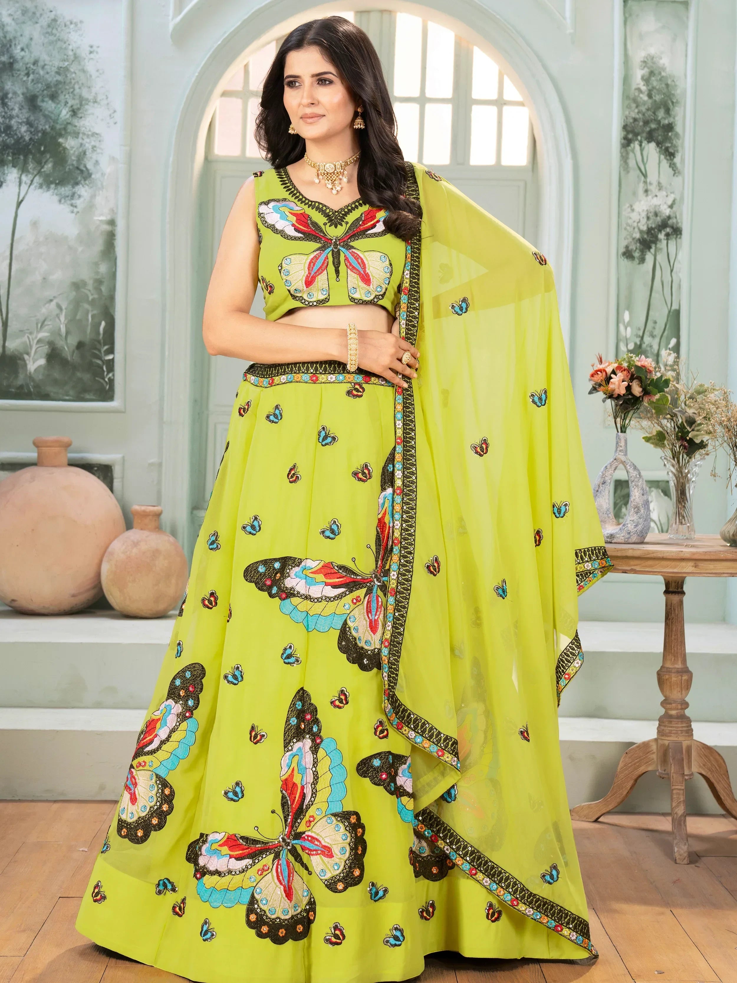 Charming Lime Green Georgette Embroidered Lehenga Choli - Ethnic Plus In