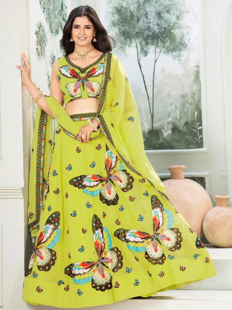 Charming Lime Green Georgette Embroidered Lehenga Choli - Ethnic Plus In