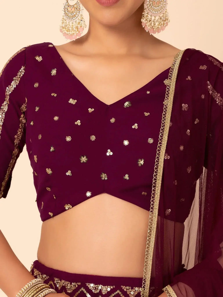 Charming Maroon Zari Embroidered Georgette Wedding Lehenga Choli - Ethnic Plus In