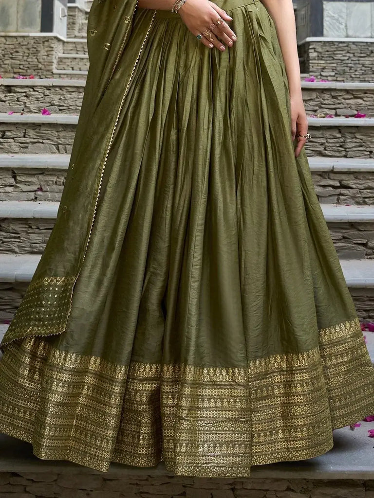 Charming Mehendi Green Zari Weaving Silk Mehendi Wear Lehenga Choli - Ethnic Plus In