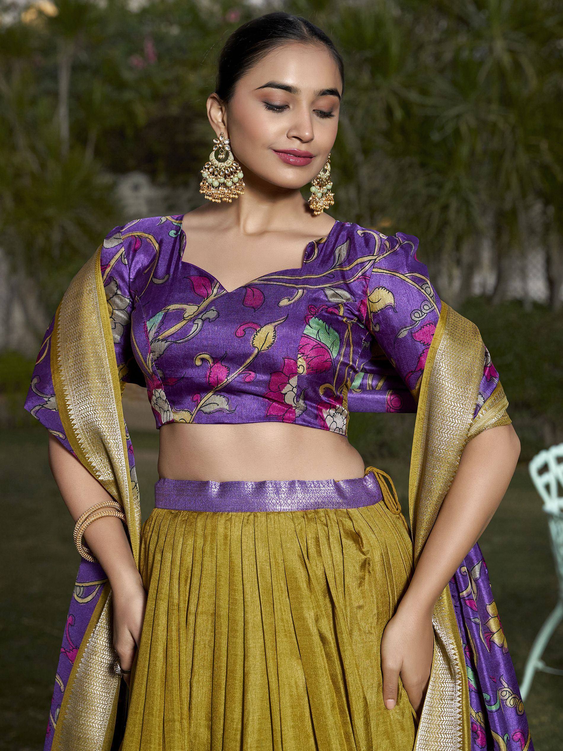Purple floral crop top with gold pleated skirt, ethnic Indian wear for women