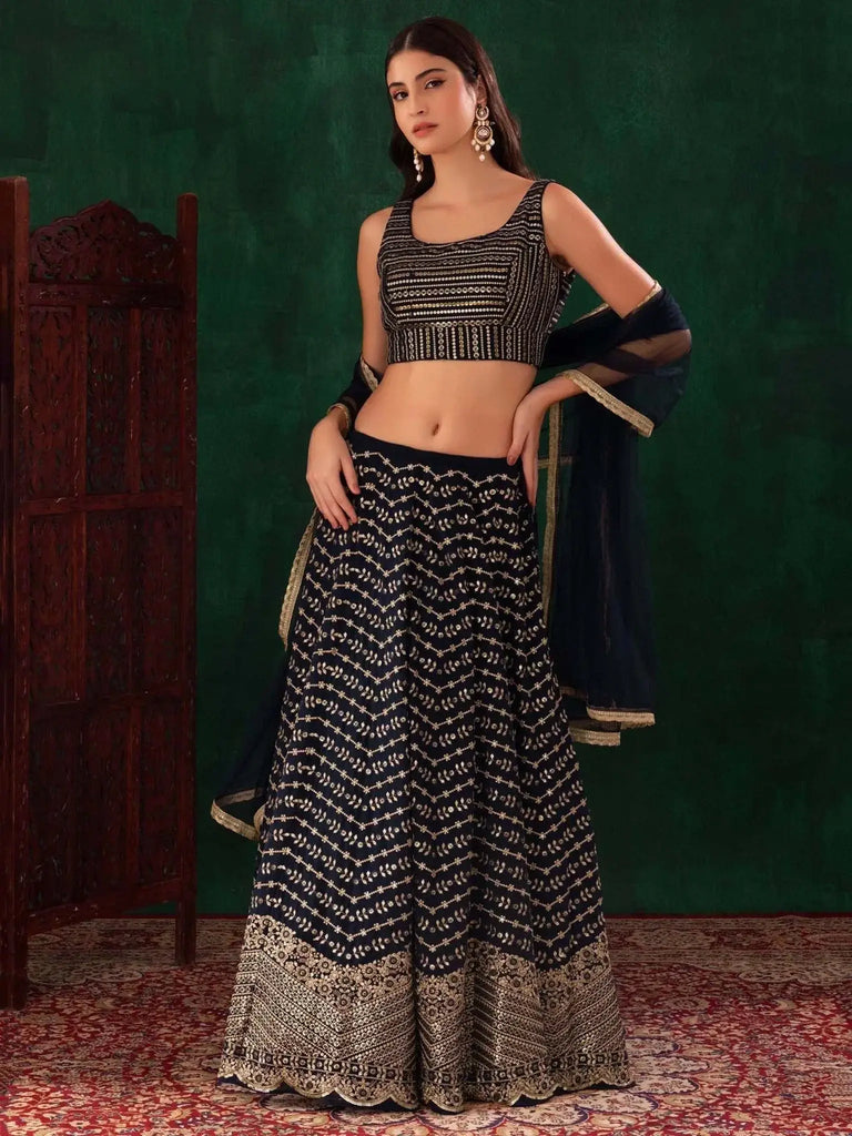 Charming Navy Blue Sequins Georgette Party Wear Lehenga Choli - Ethnic Plus In