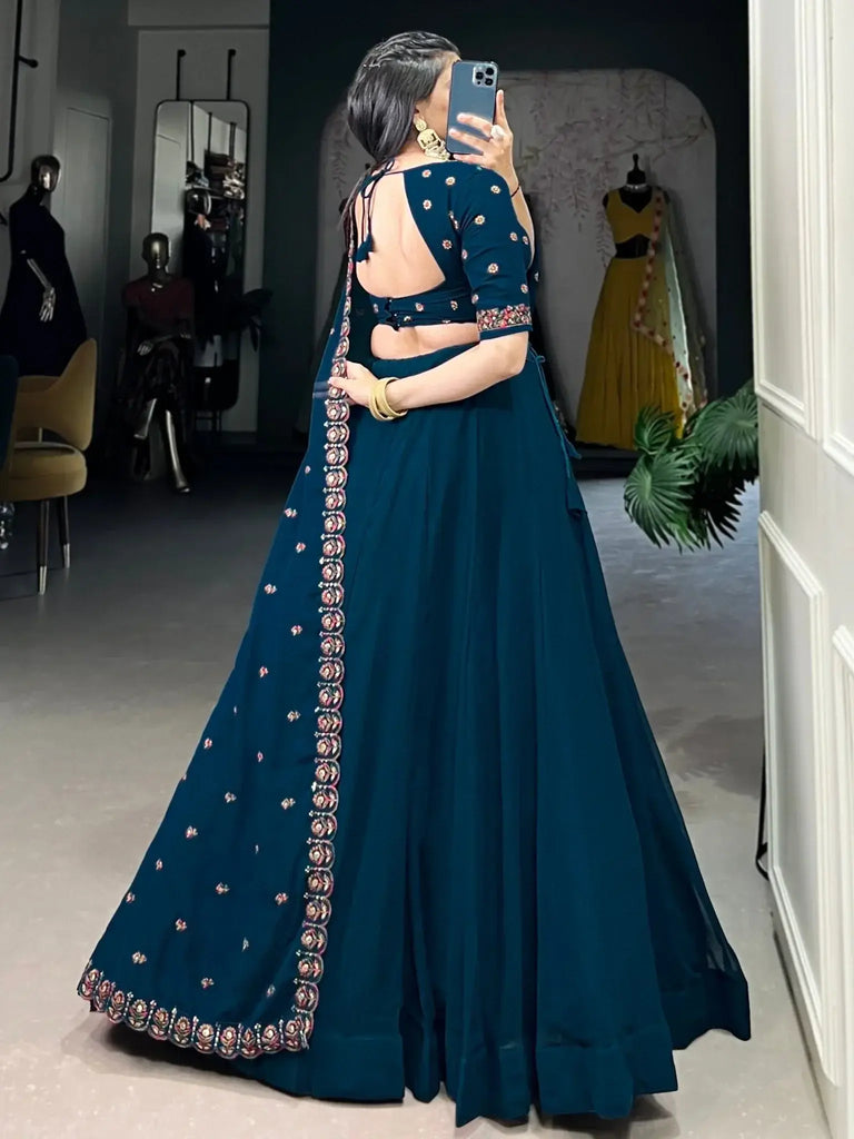 Charming Navy Blue Thread Work Georgette Wedding Wear Lehenga Choli - Ethnic Plus In
