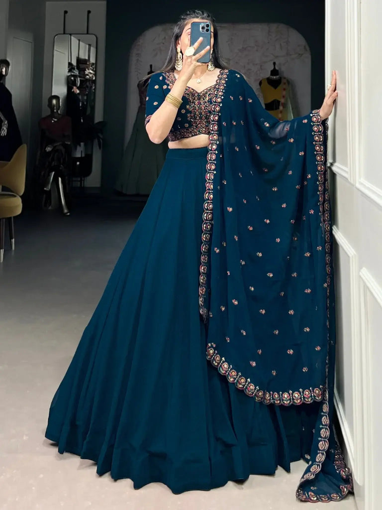Charming Navy Blue Thread Work Georgette Wedding Wear Lehenga Choli - Ethnic Plus In