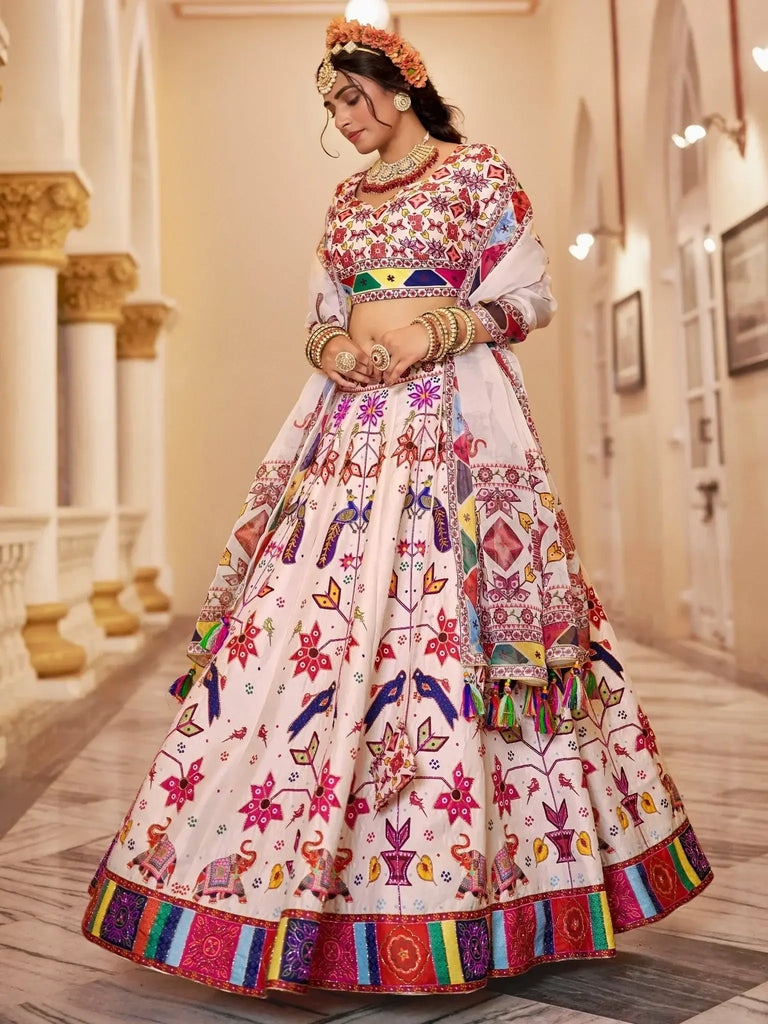 Charming Off - White Printed Art Silk Lehenga Choli With Dupatta - Ethnic Plus In