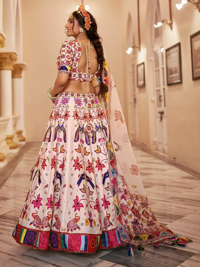 Charming Off - White Printed Art Silk Lehenga Choli With Dupatta - Ethnic Plus In