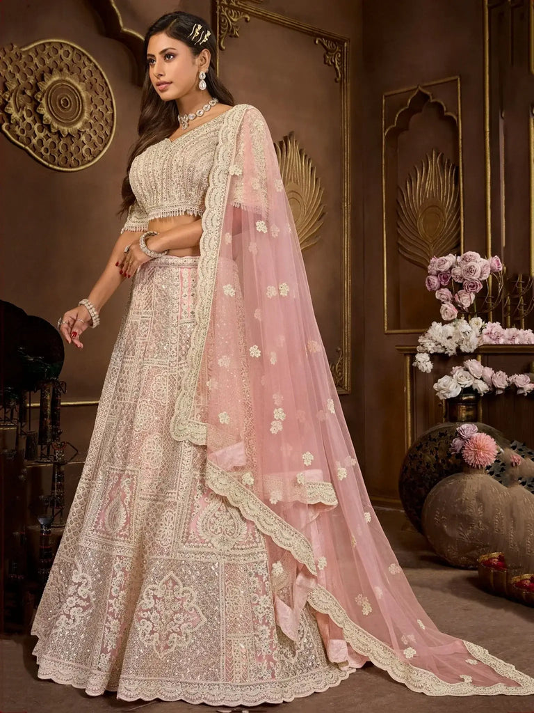Charming Peach Sequins Net Bridesmaid Lehenga Choli With Dupatta - Ethnic Plus In