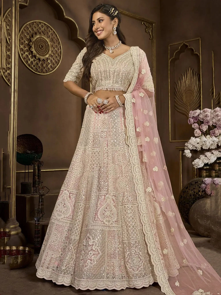 Charming Peach Sequins Net Bridesmaid Lehenga Choli With Dupatta - Ethnic Plus In
