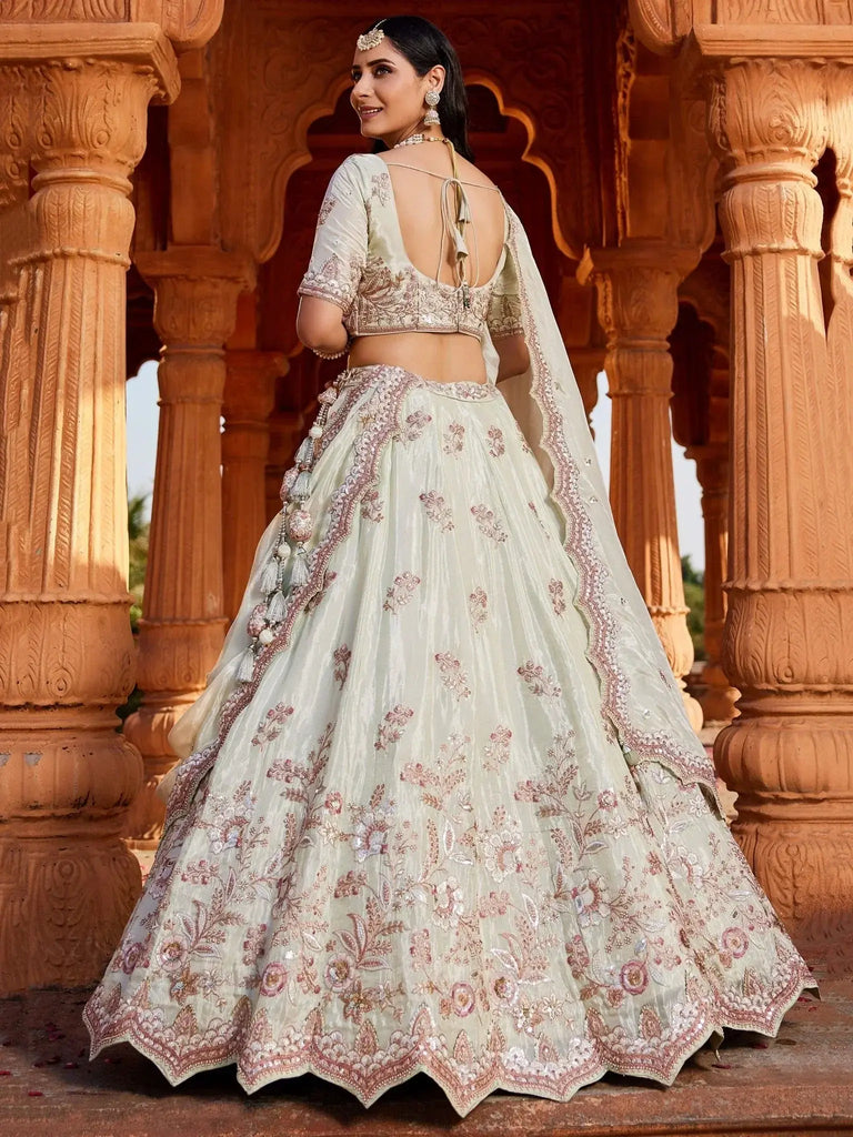 Charming Pista Green Embroidered Tissue Silk Wedding Lehenga Choli - Ethnic Plus In