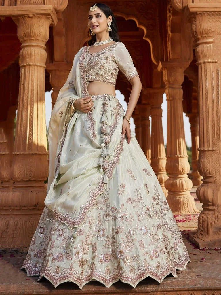 Charming Pista Green Embroidered Tissue Silk Wedding Lehenga Choli - Ethnic Plus In