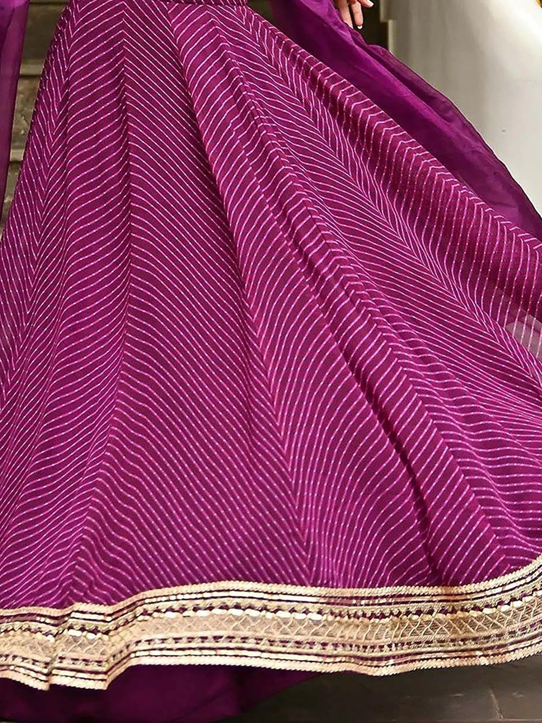 Purple lehenga with chevron print and gold border, Indian ethnic wear
