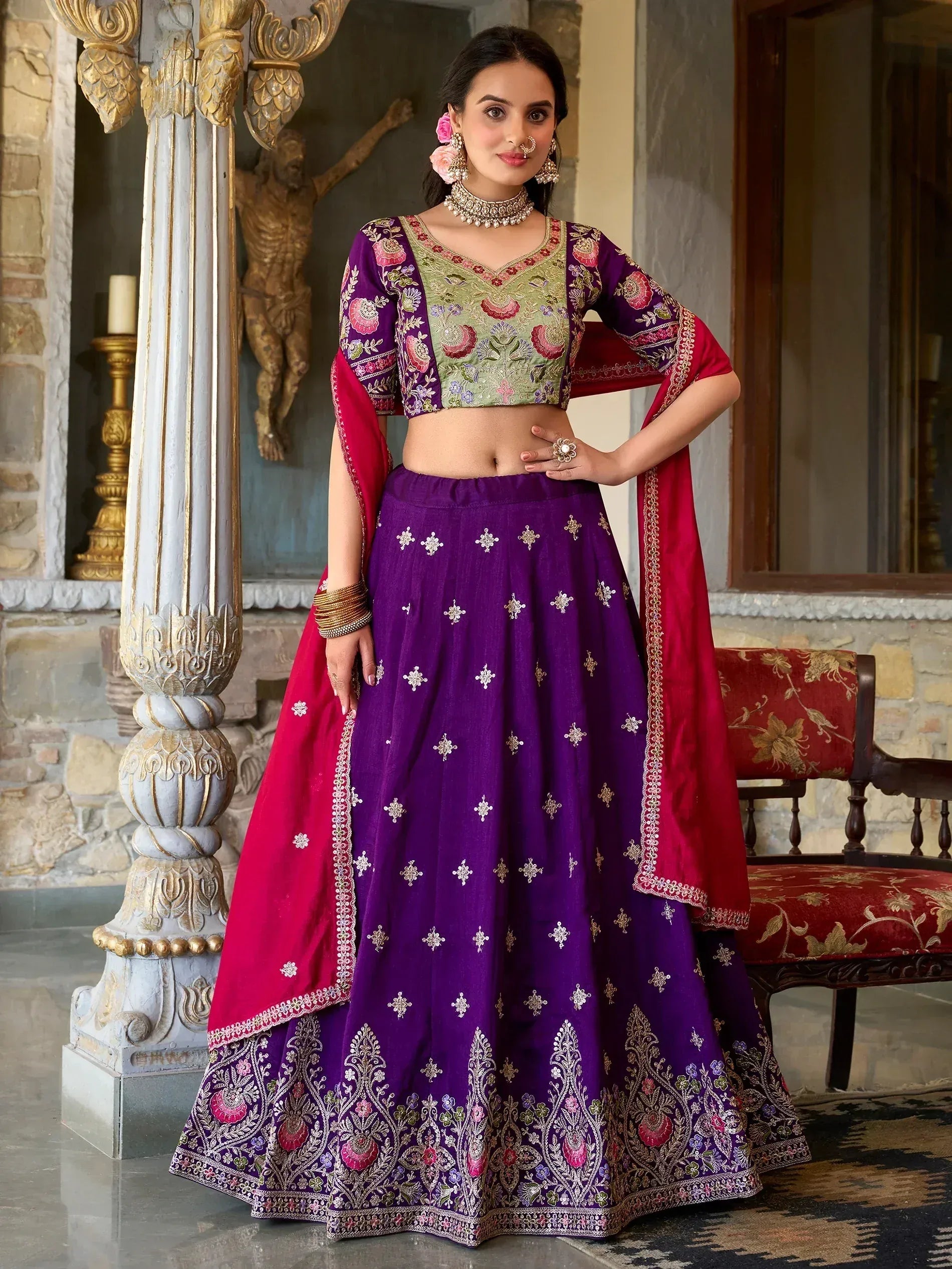 Purple embroidered lehenga choli with floral blouse and red dupatta, Indian ethnic wear