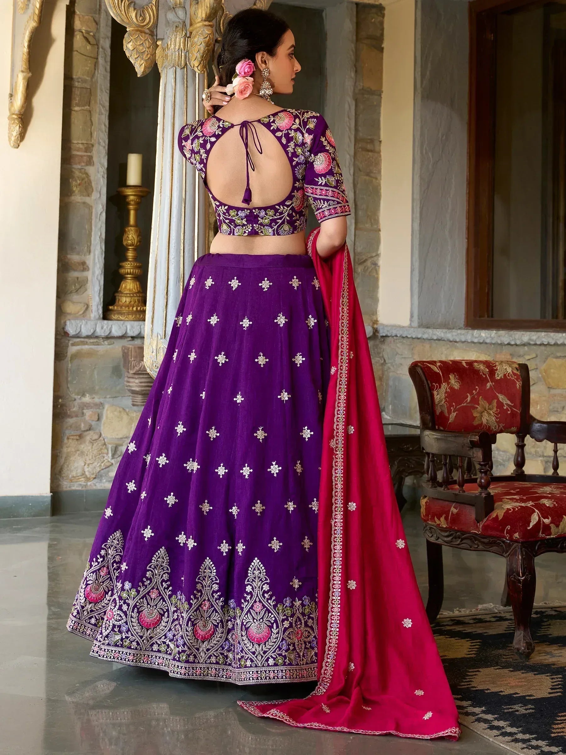 Purple embroidered lehenga choli with floral blouse and pink dupatta, Indian ethnic wear