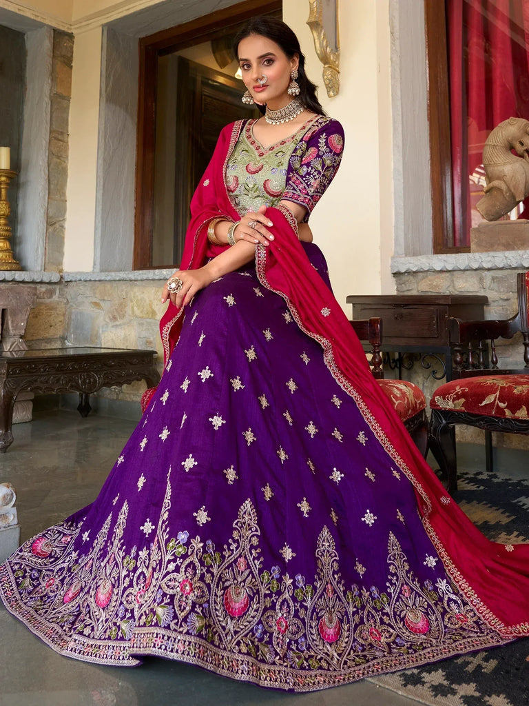 Purple embroidered lehenga choli with floral motifs and red dupatta, Indian ethnic wear