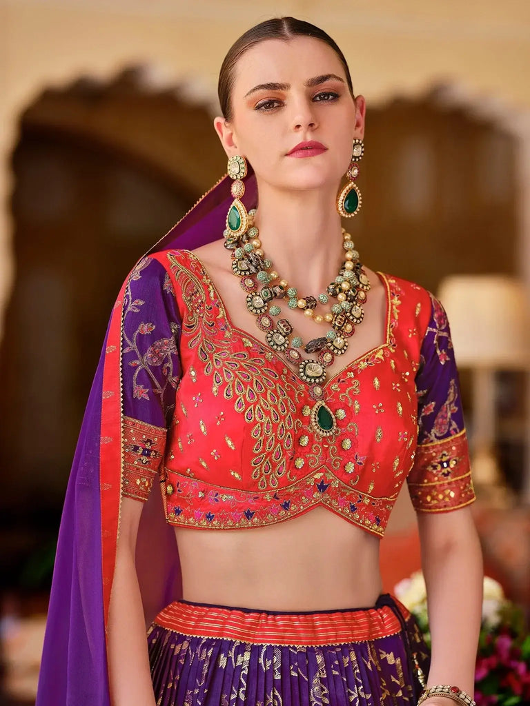 Charming Purple Zari Weaving Silk Traditional Lehenga Choli With Dupatta - Ethnic Plus In