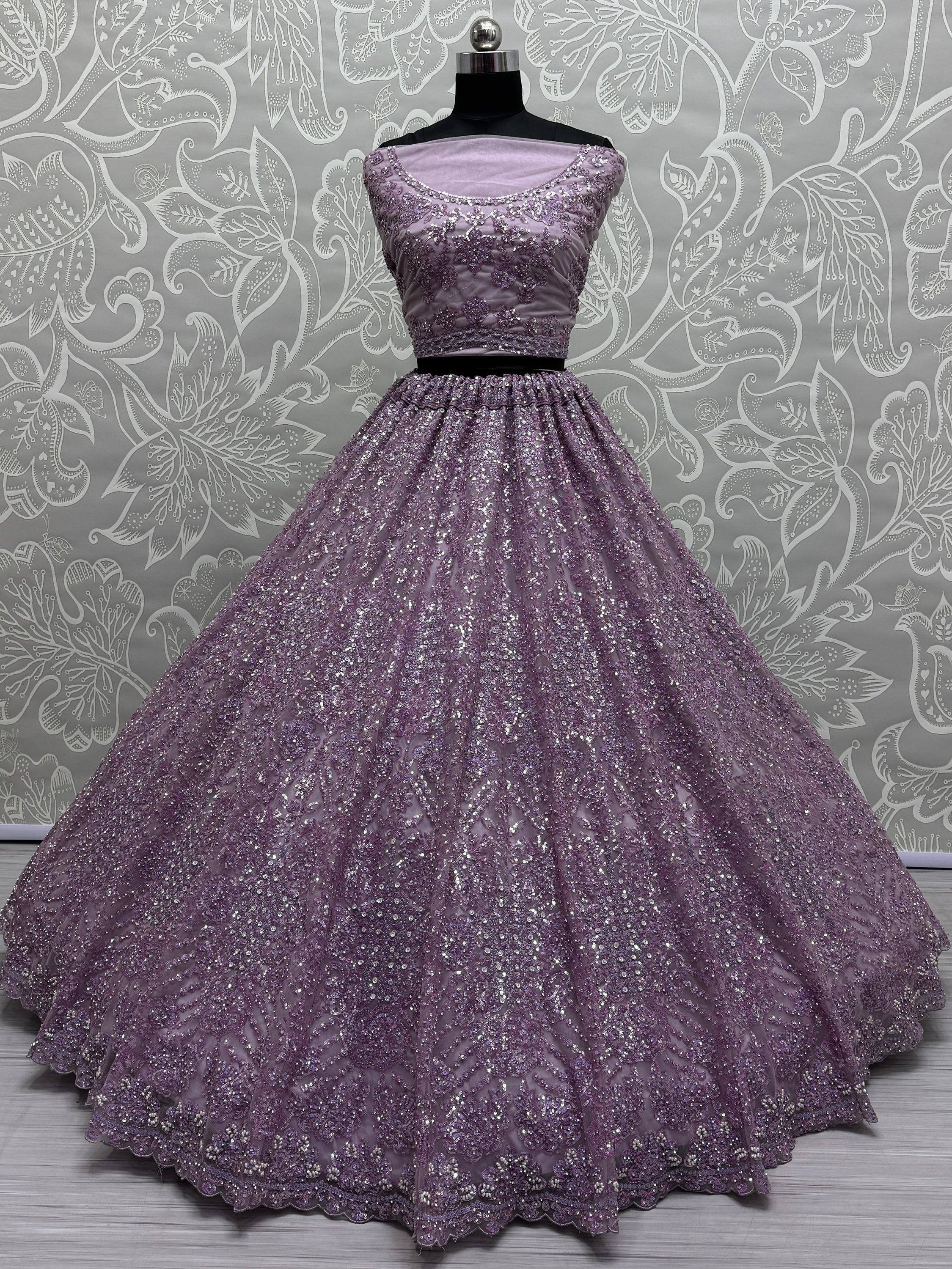 Lavender sequin ethnic gown with floral embroidery, perfect for Indian weddings and parties