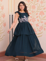 Charming Rama Blue Beads Work Georgette Designer Gown - Ethnic Plus In