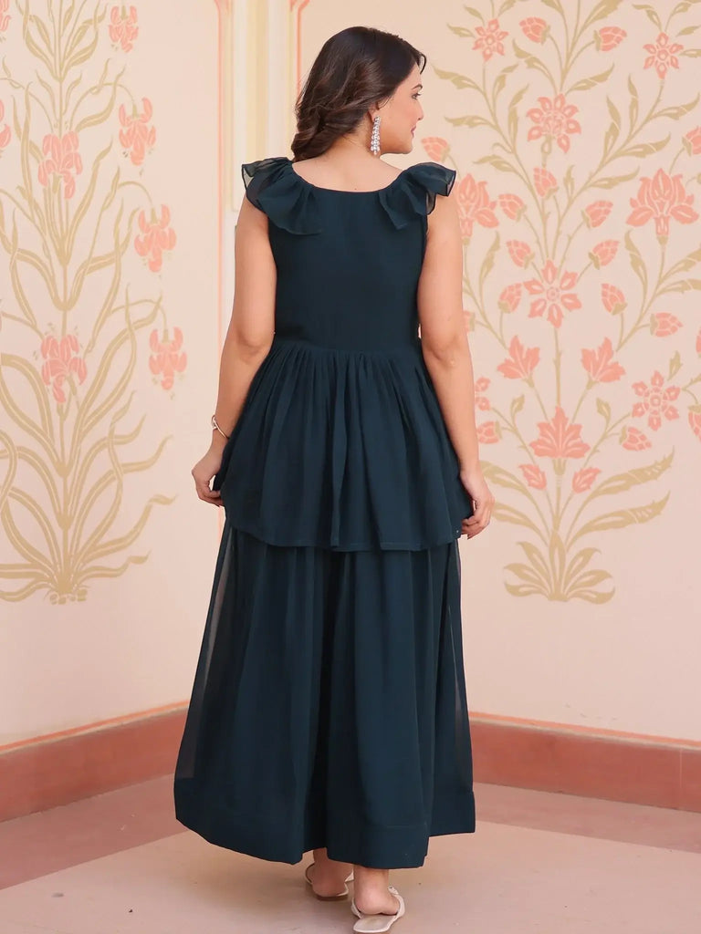 Charming Rama Blue Beads Work Georgette Designer Gown - Ethnic Plus In