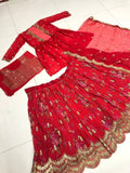 Charming Red Thread Embroidered Georgette Lehenga Choli With Jacket - Ethnic Plus In
