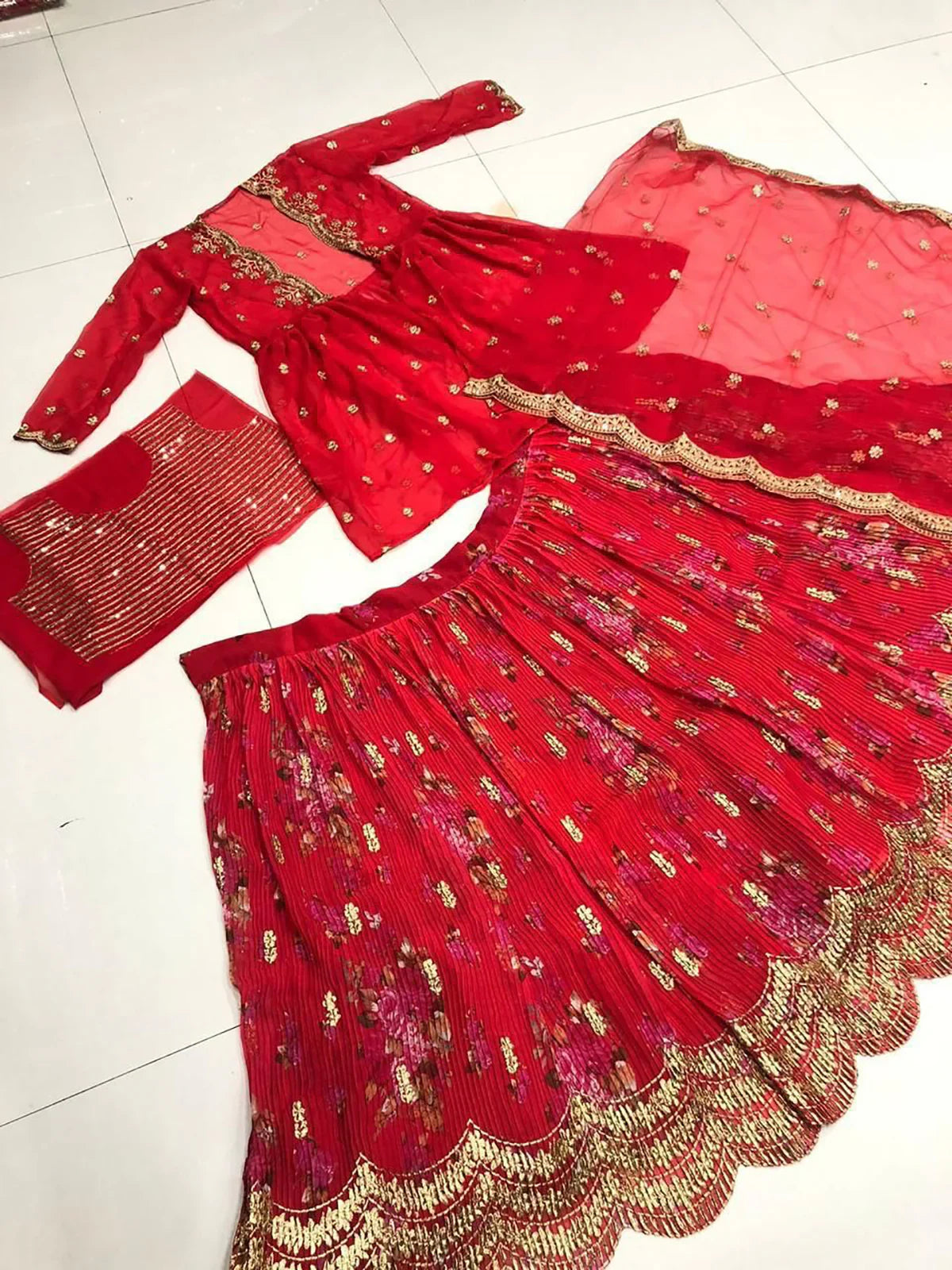 Charming Red Thread Embroidered Georgette Lehenga Choli With Jacket - Ethnic Plus In