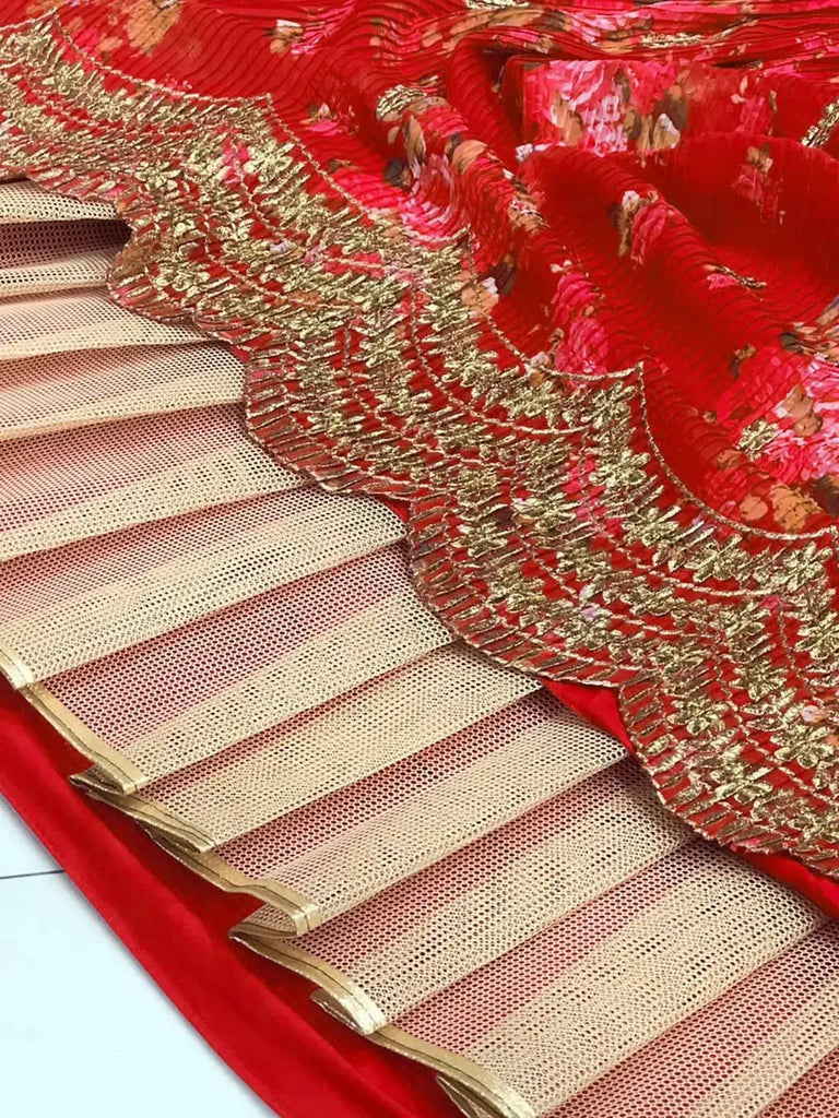 Charming Red Thread Embroidered Georgette Lehenga Choli With Jacket - Ethnic Plus In