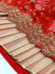 Charming Red Thread Embroidered Georgette Lehenga Choli With Jacket - Ethnic Plus In