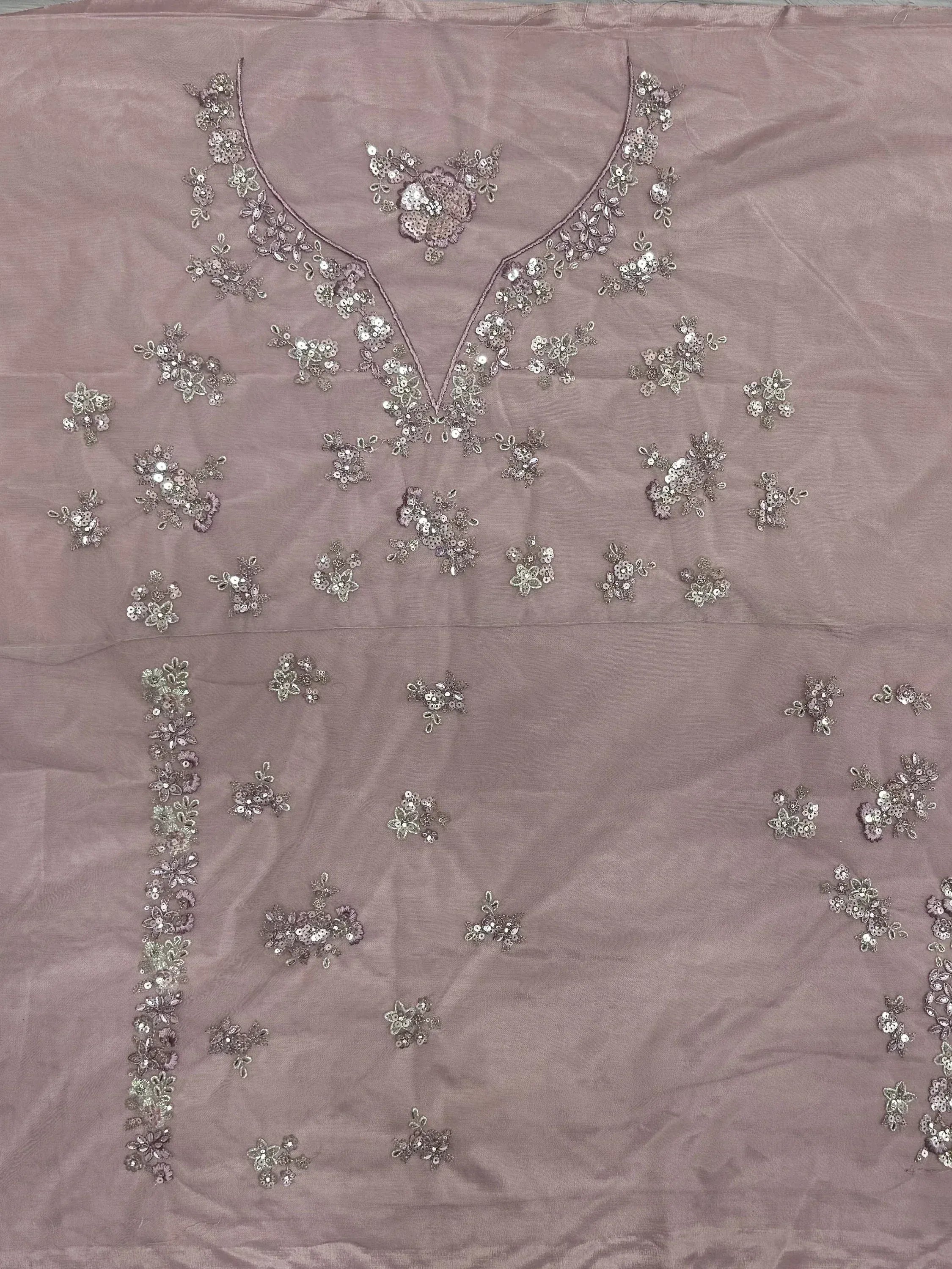 Dusty pink ethnic gown with silver floral sequin embroidery and V-neck design