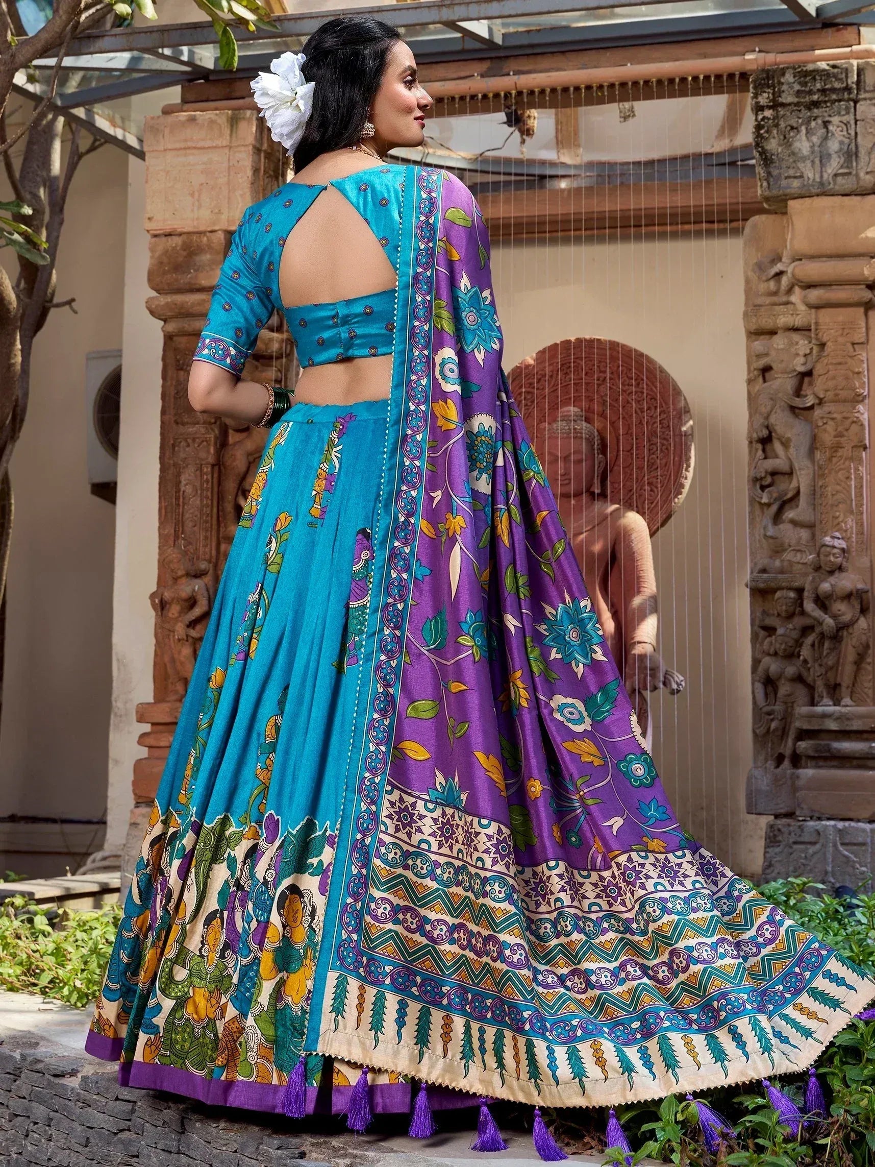 Blue and purple printed lehenga choli with floral dupatta, ethnic Indian wear for women