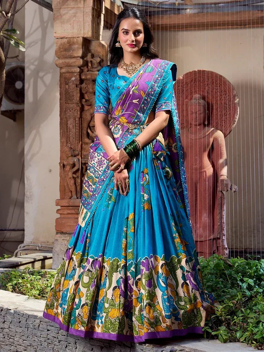 Blue and purple printed lehenga choli with ethnic motifs, perfect for Indian festive occasions