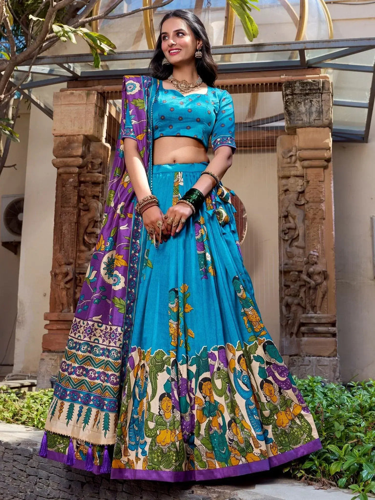 Charming Sky - Blue Kalamkari Print Tussar Silk Festive Wear Lehenga Choli - Ethnic Plus In