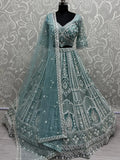 Charming Sky - Blue Pearl Work Net Bridesmaid Lehenga Choli With Dupatta - Ethnic Plus In