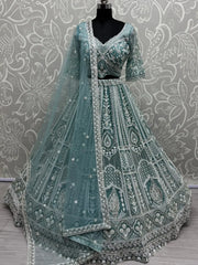 Charming Sky - Blue Pearl Work Net Bridesmaid Lehenga Choli With Dupatta - Ethnic Plus In
