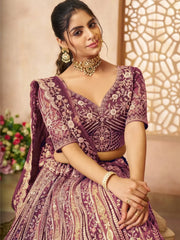 Charming Wine Thread Work Net Reception Wear Lehenga Choli - Ethnic Plus In