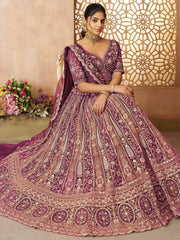 Charming Wine Thread Work Net Reception Wear Lehenga Choli - Ethnic Plus In