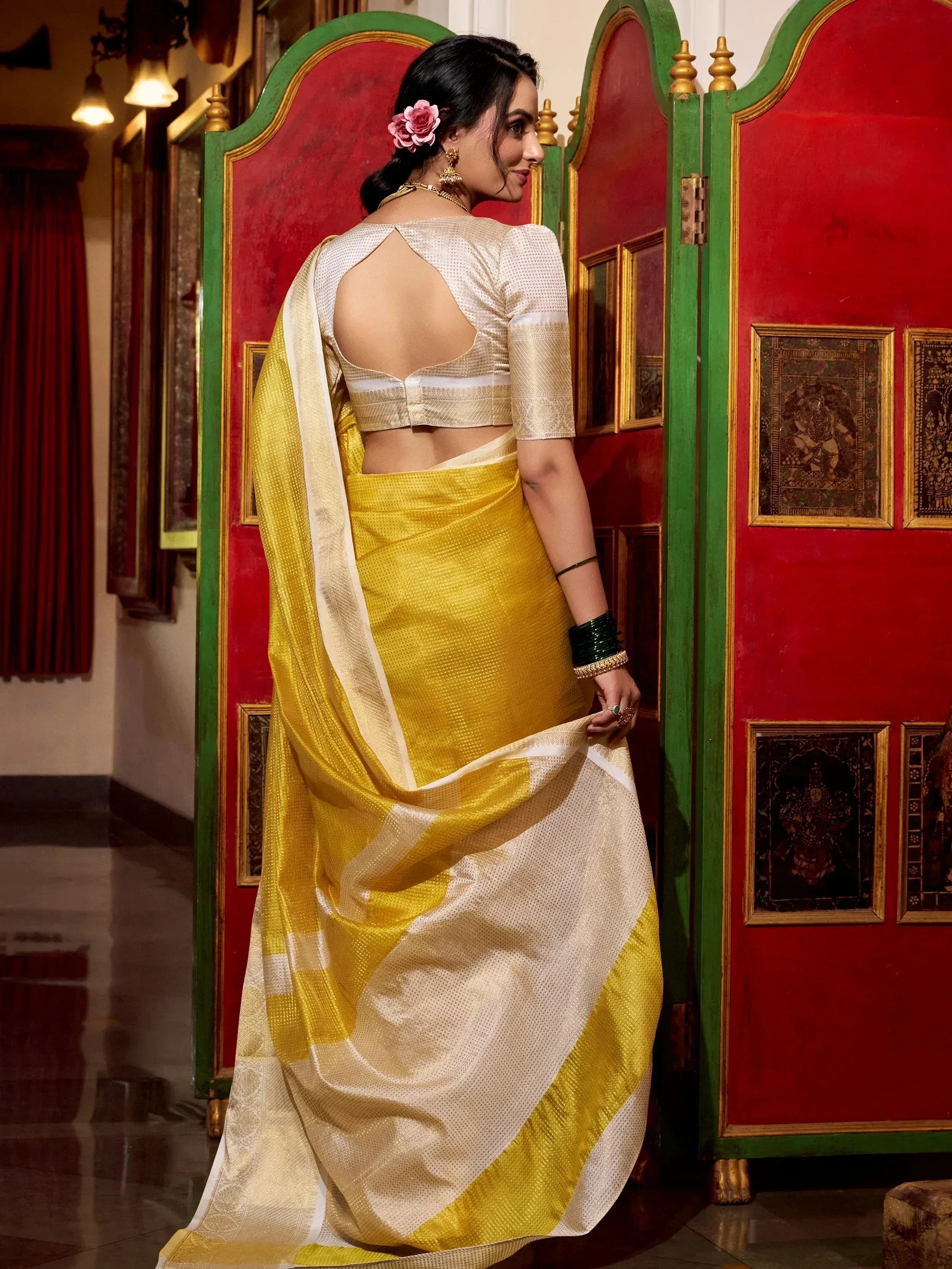 Yellow and white designer saree with backless blouse, ethnic Indian wear for women