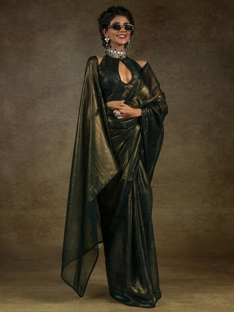 Charming Olive-Green Chiffon Party Wear Pre-Stitched Saree With Blouse