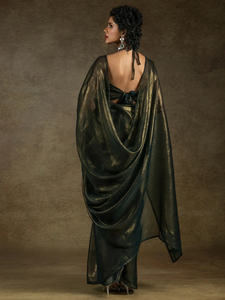 Charming Olive-Green Chiffon Party Wear Pre-Stitched Saree With Blouse