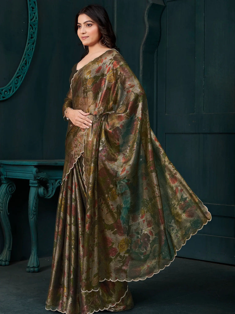 Charming Olive Green Floral Printed Silk Party Wear Saree With Blouse