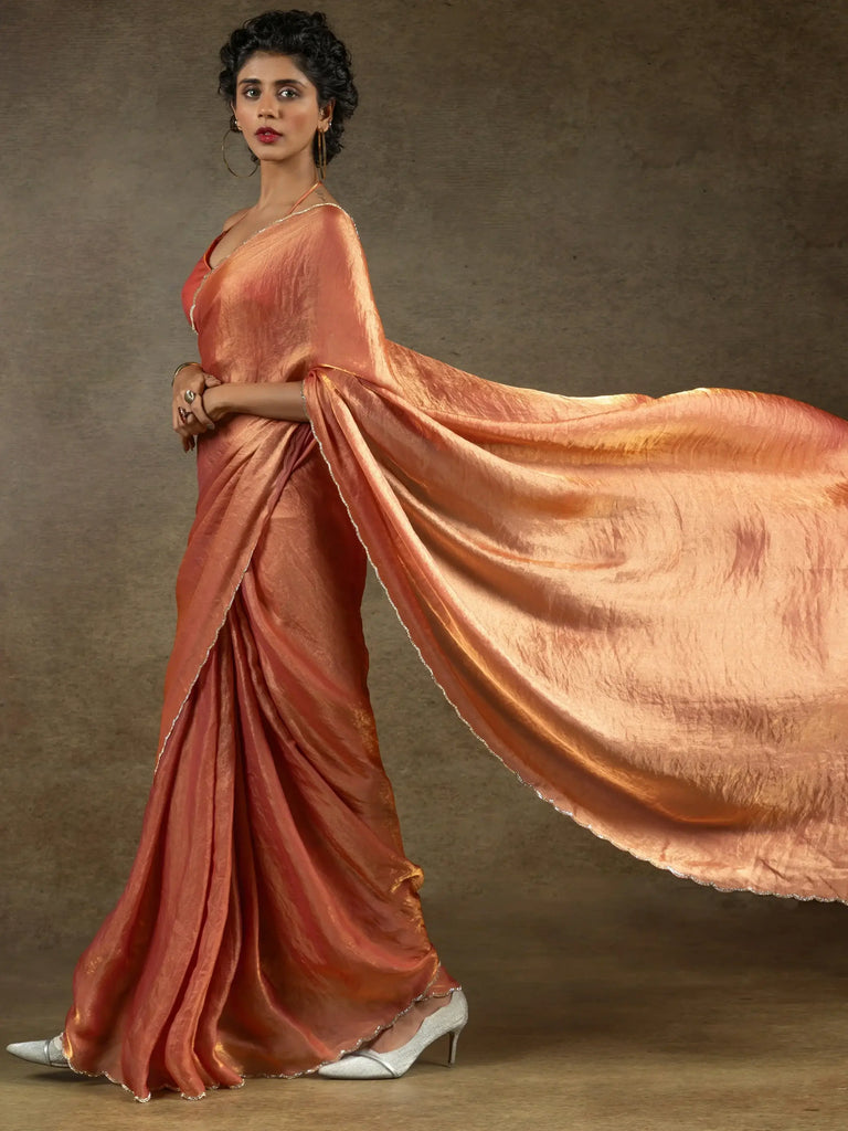 Charming Peach Border Work Satin Designer Pre-Stitched Saree