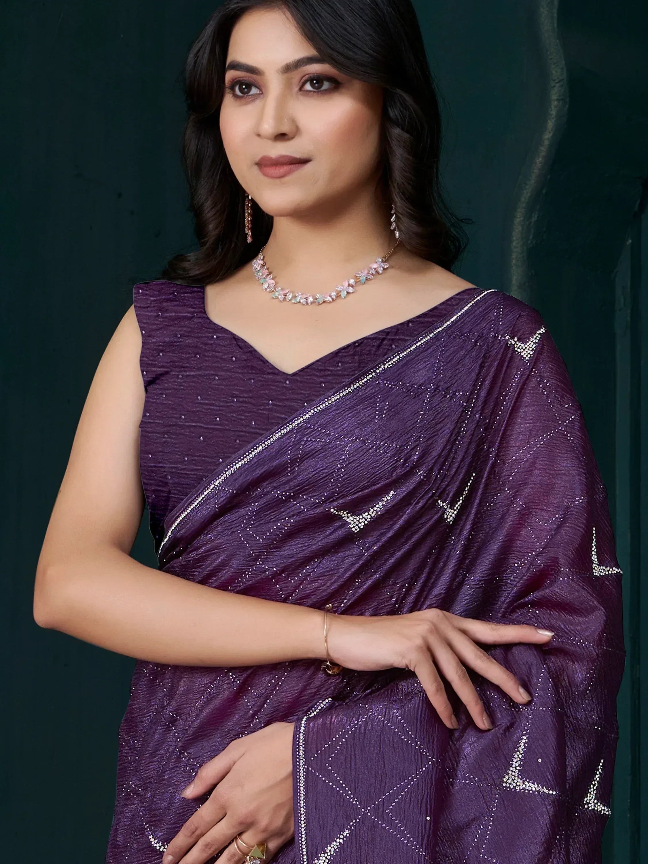 Elegant purple saree with diamond pattern and sequin detailing, perfect for Indian ethnic occasions