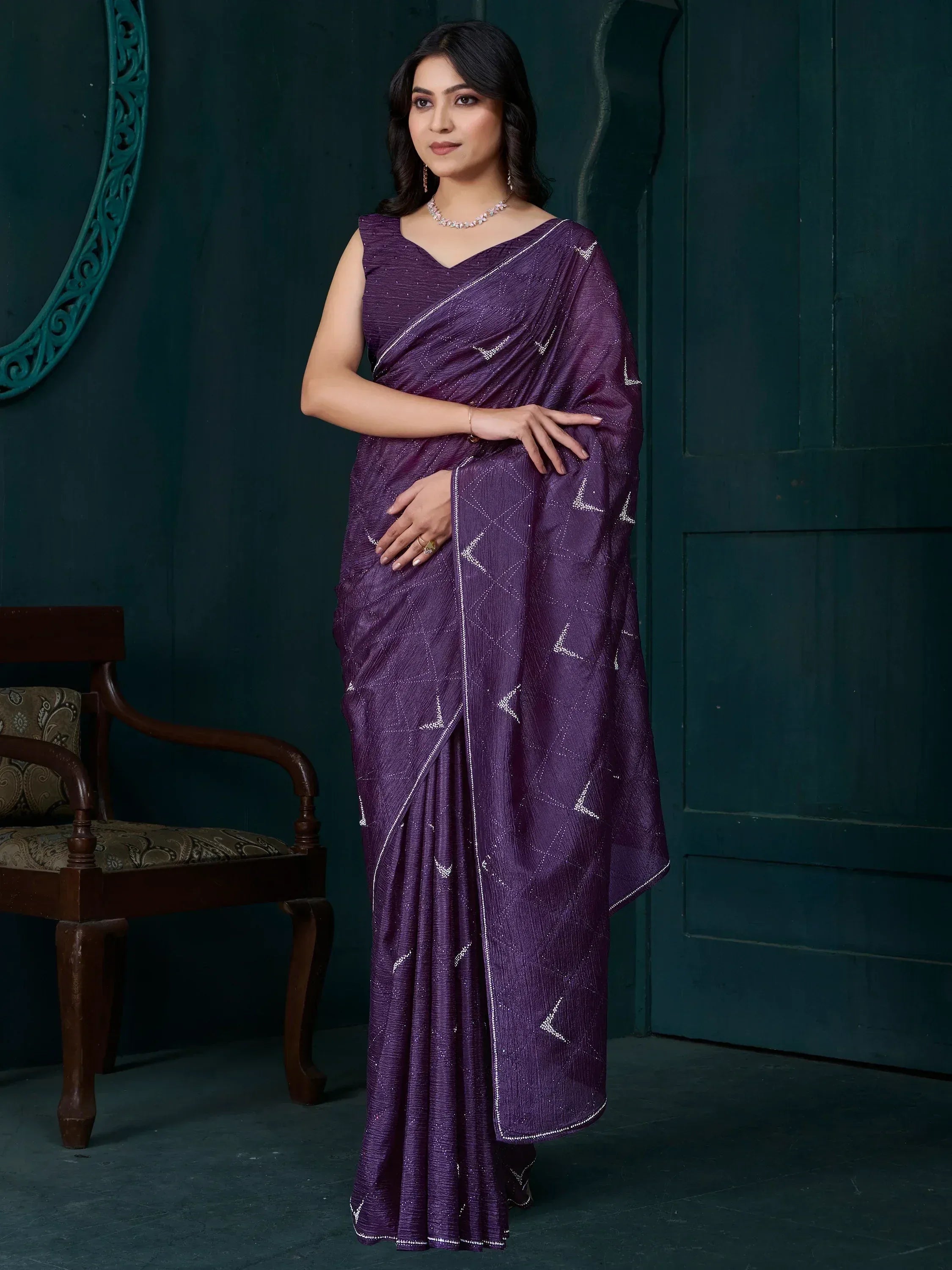 Purple ethnic saree with silver geometric print, perfect for Indian occasions and festive wear.