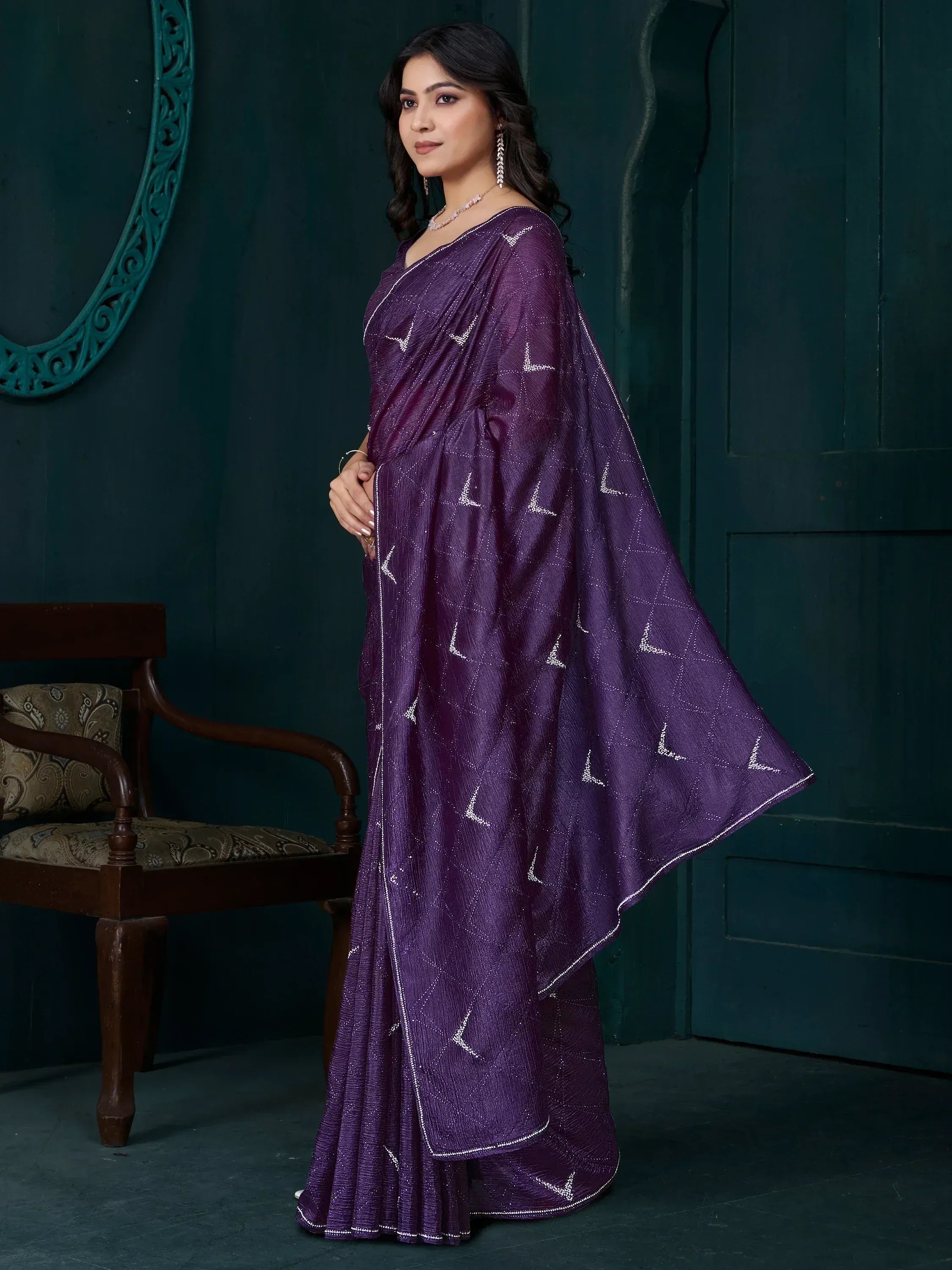 Purple ethnic saree with silver geometric embroidery, perfect for Indian occasions and festive wear.