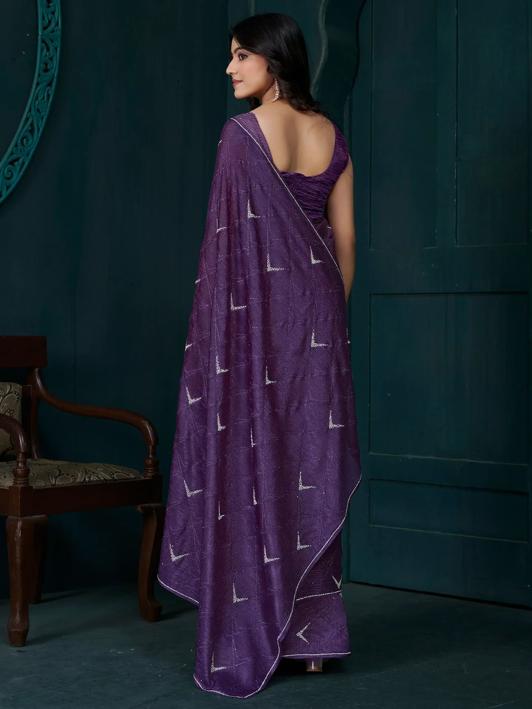 Purple ethnic saree with white geometric print, backless blouse, Indian designer wear