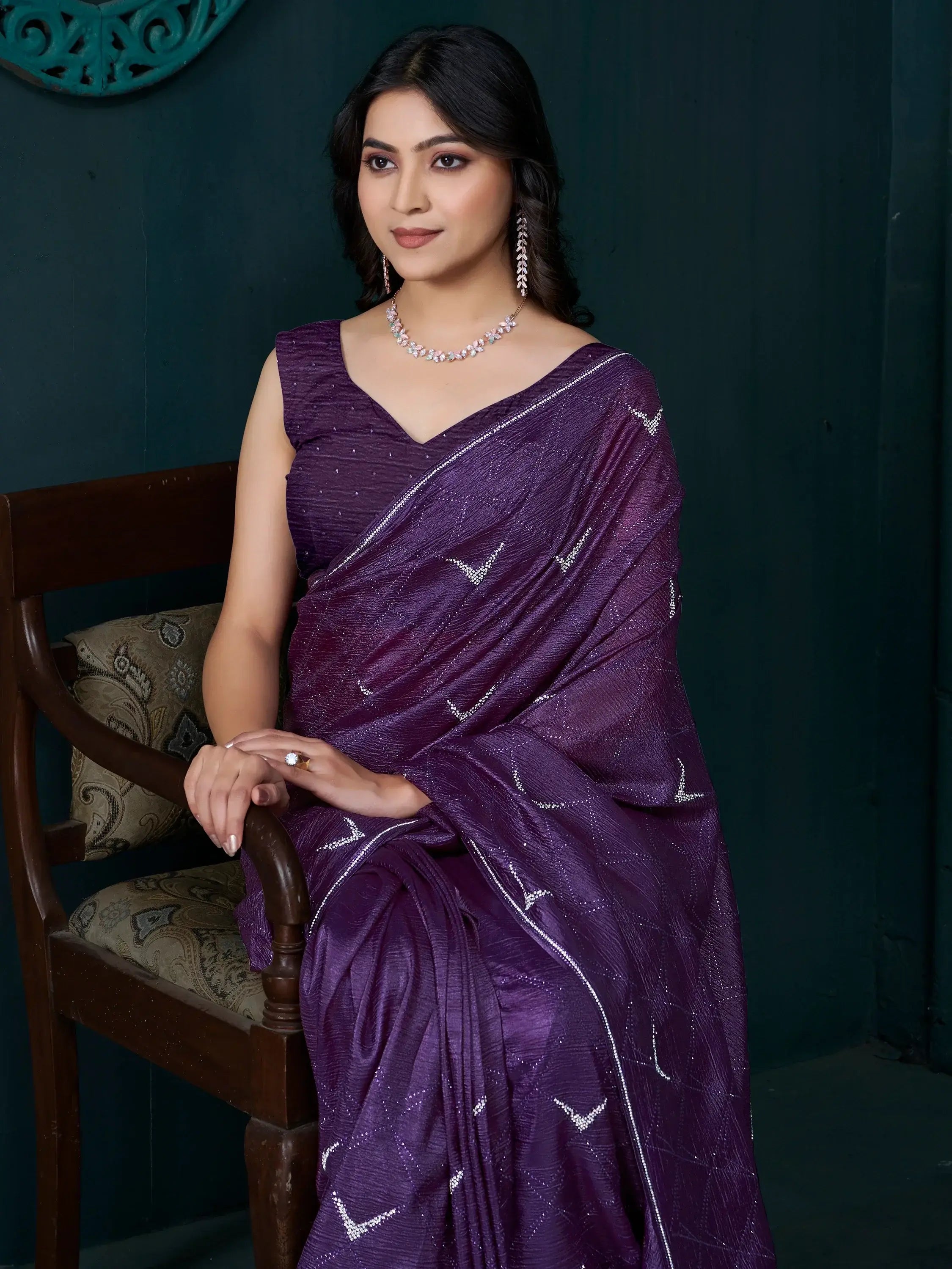 Charming Purple Jarkan Work Crepe Reception Wear Saree With Blouse