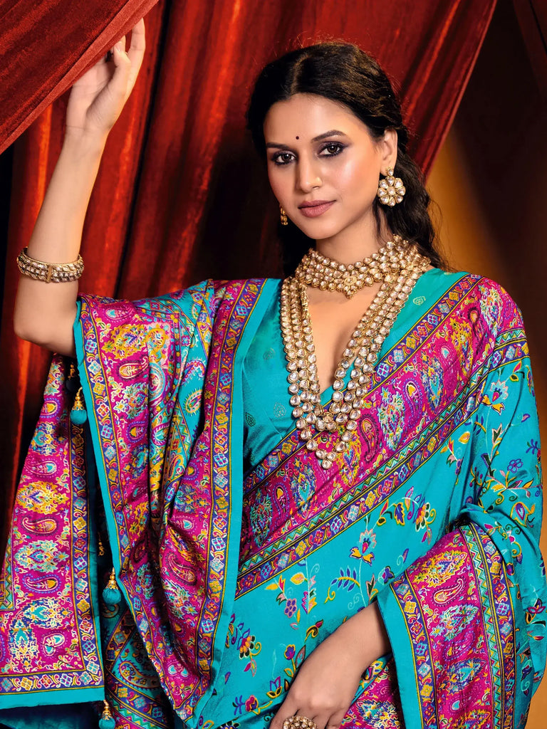 Charming Sky-Blue Printed Tussar Silk Classic Saree With Blouse