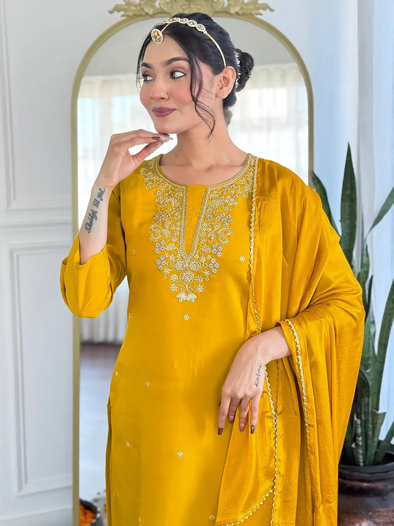 Charming Yellow Thread Embroidery Chanderi Haldi Wear Pant Suit
