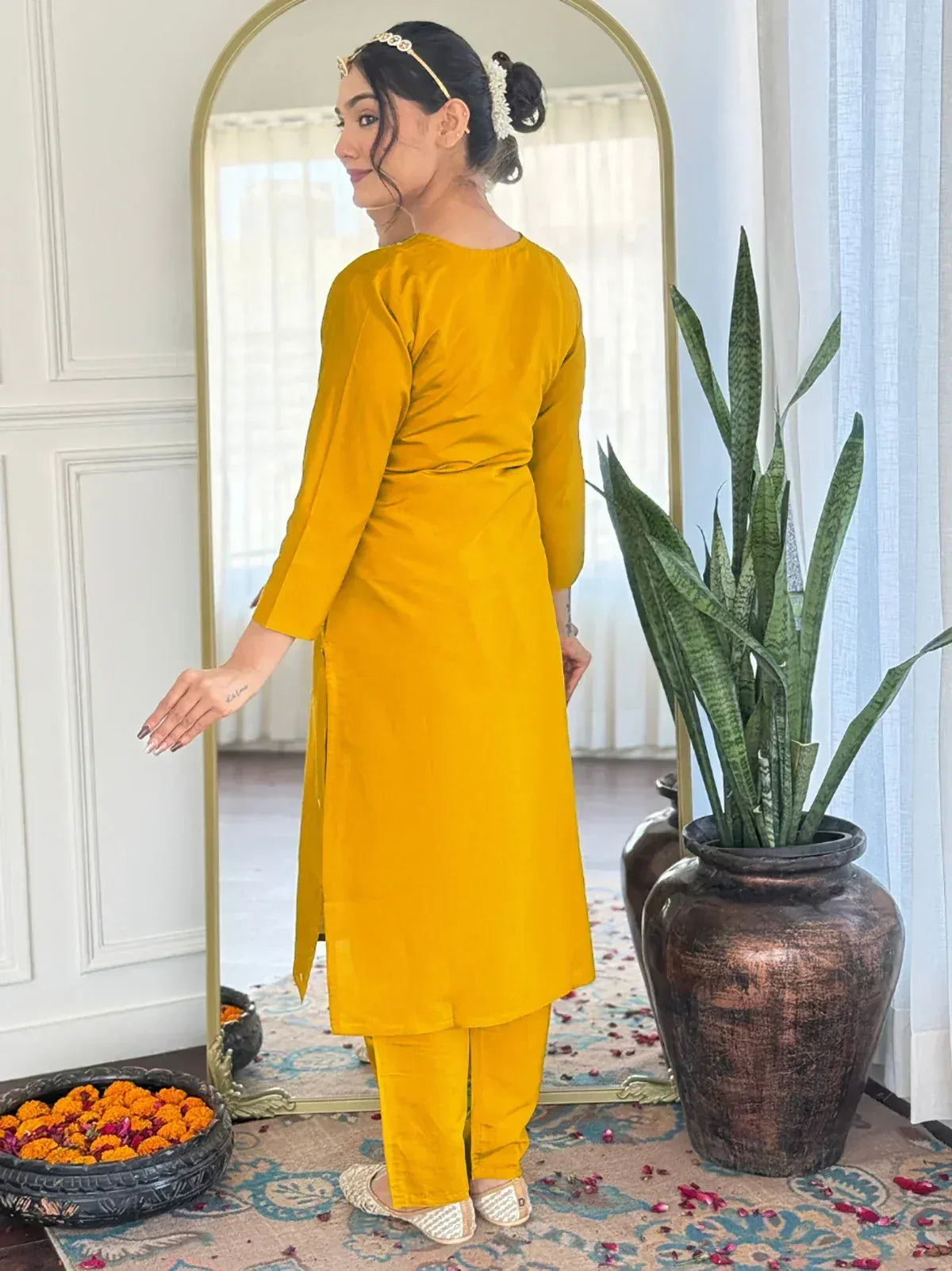 Yellow ethnic kurta set with matching pants, perfect for Indian festive occasions