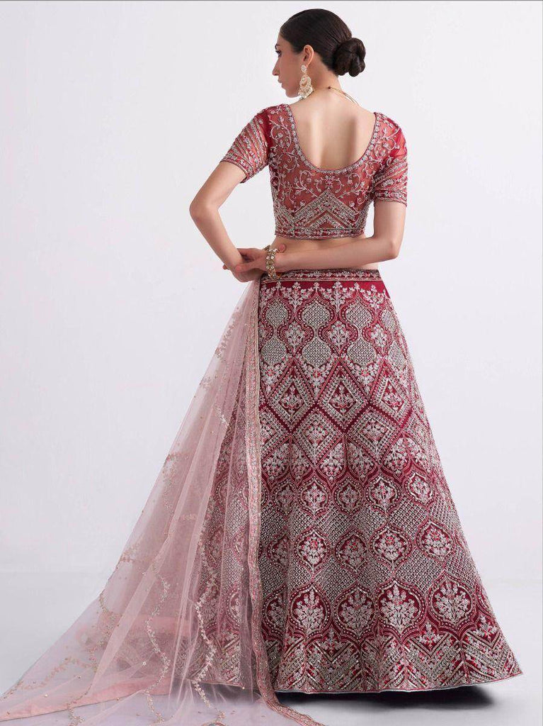 Attractive Cherry Red Fancy Embroidered Net Bridal Wear Lehenga Choli