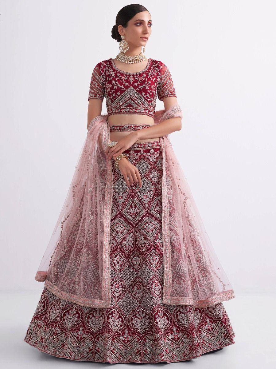 Maroon embroidered lehenga choli with pink dupatta, Indian ethnic wear for weddings